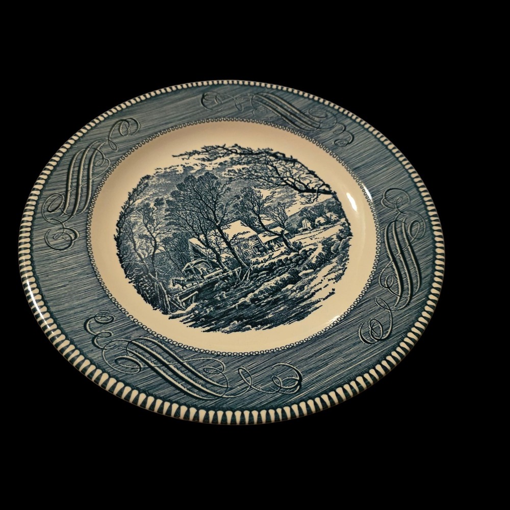 Vintage Currier & Ives,USA, 10 1/8 Dia. Old Mill Blue Scene Dinner‎ Plate